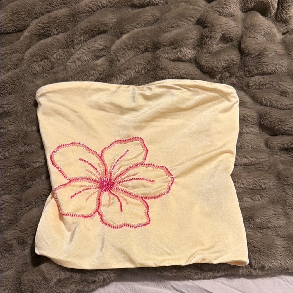Yellow Strapless Tube Crop Top with Pink Beaded Floral Detail